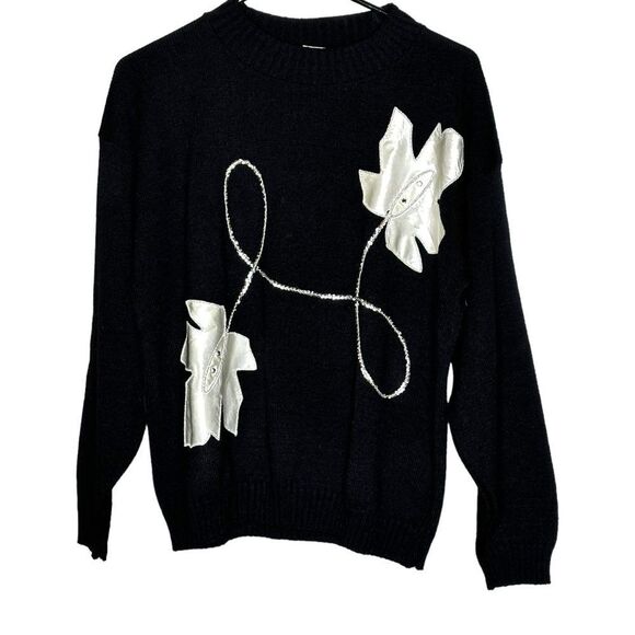 Vintage 80s 90s Distinctly Different black sweater white satin leaves fit S - Picture 2 of 7